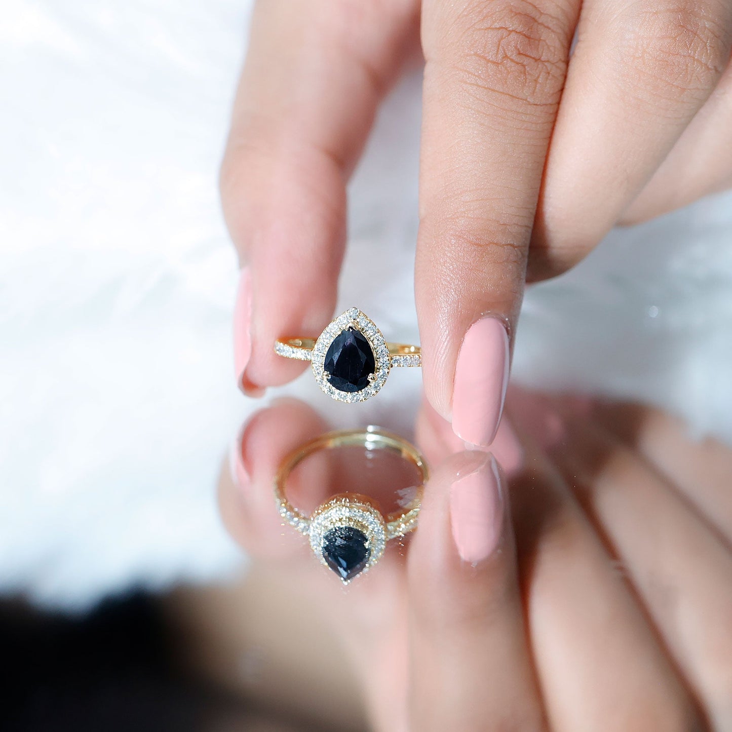 6X8 MM Black Onyx Pear Engagement Ring with Diamond Halo