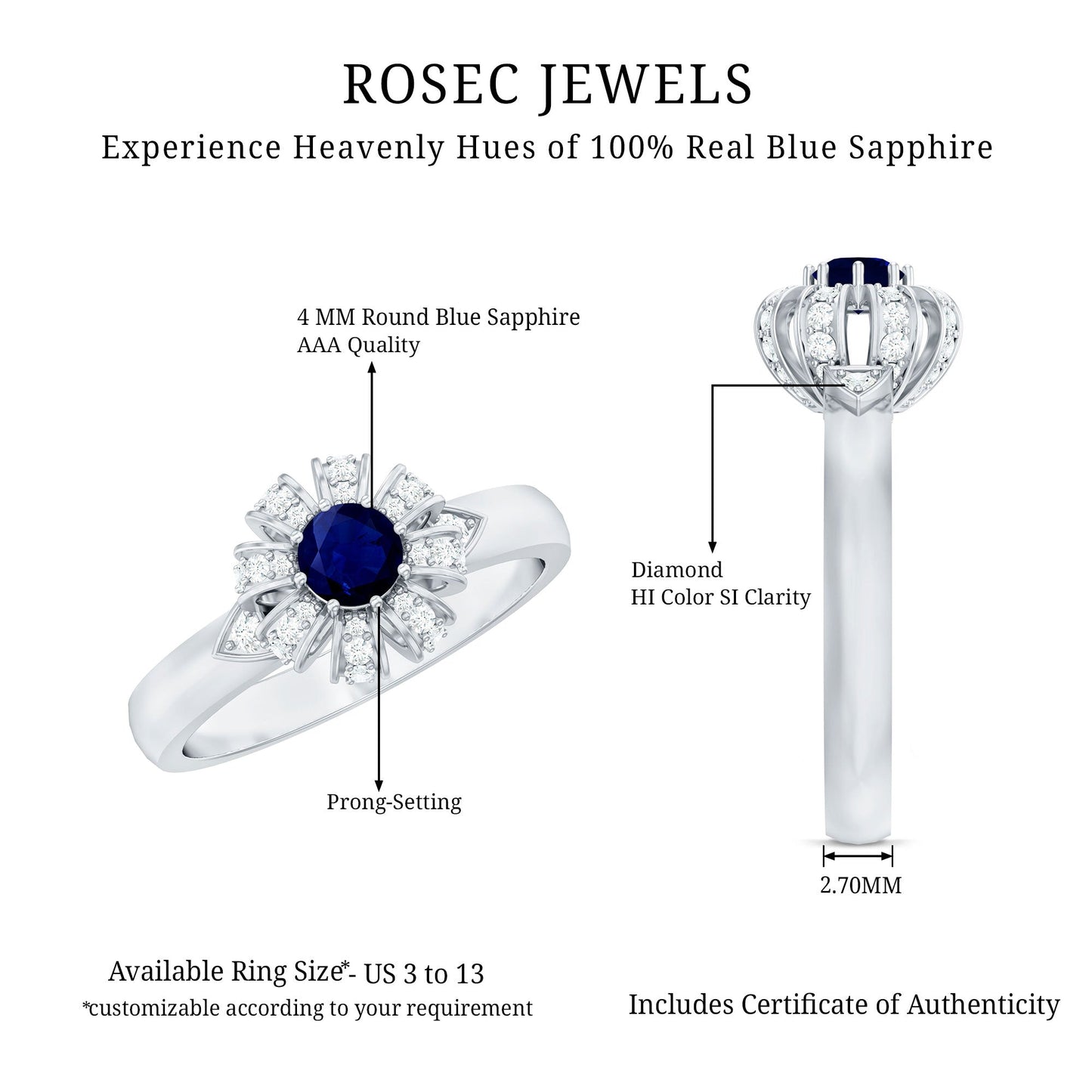 0.75 CT Blue Sapphire Flower Promise Ring with Diamond