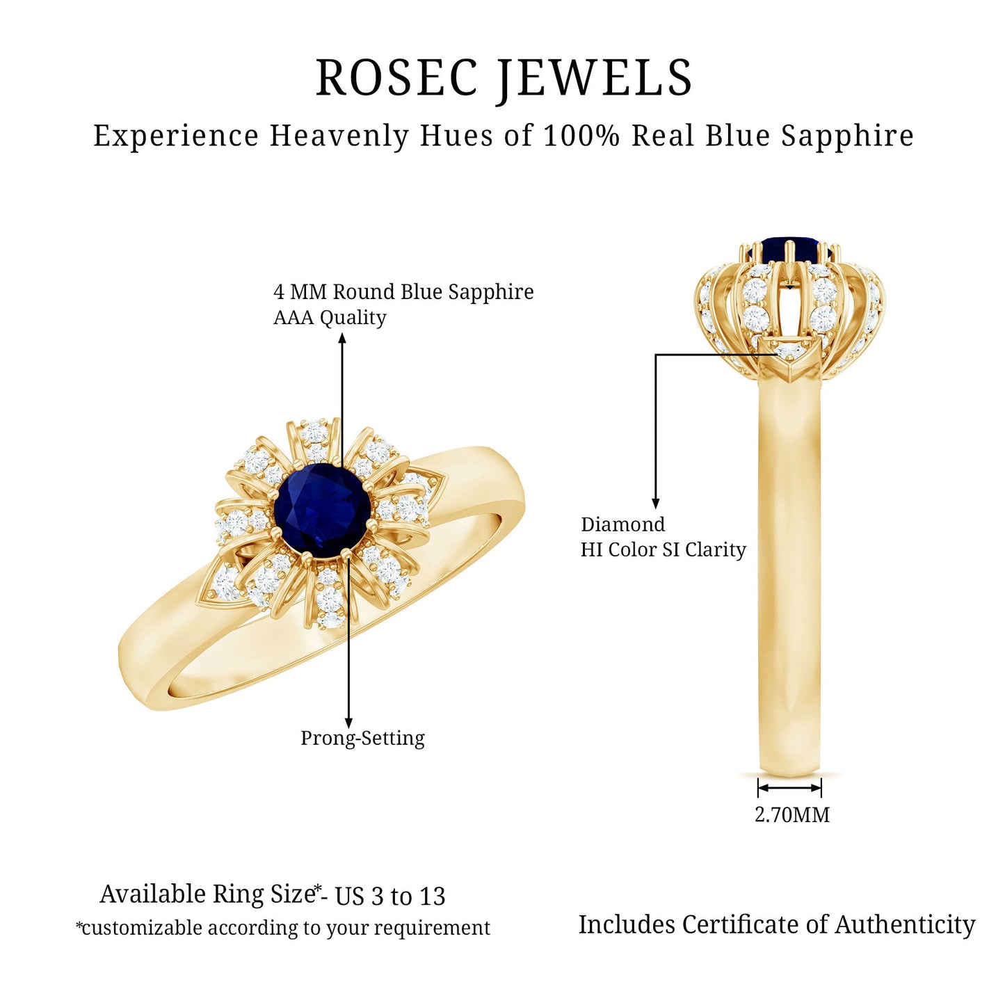 0.75 CT Blue Sapphire Flower Promise Ring with Diamond