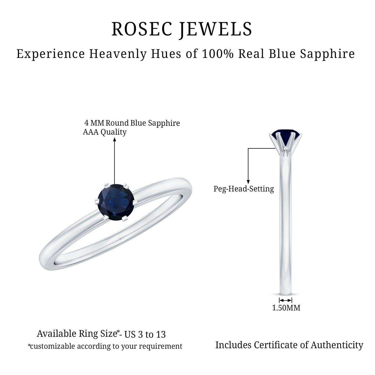 1/4 CT Solitaire Blue Sapphire Promise Ring