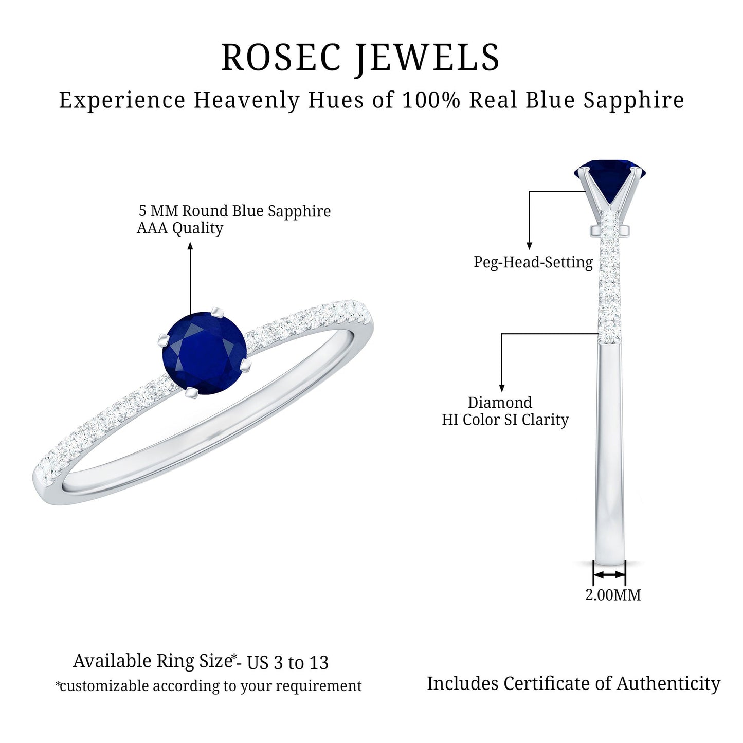 1/2 CT French Set Solitaire Blue Sapphire and Diamond Minimal Ring