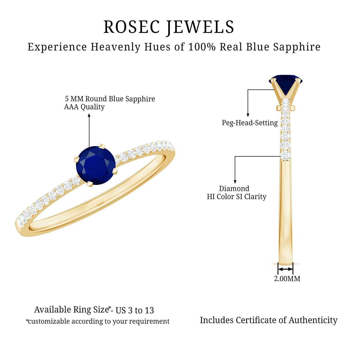 1/2 CT French Set Solitaire Blue Sapphire and Diamond Minimal Ring