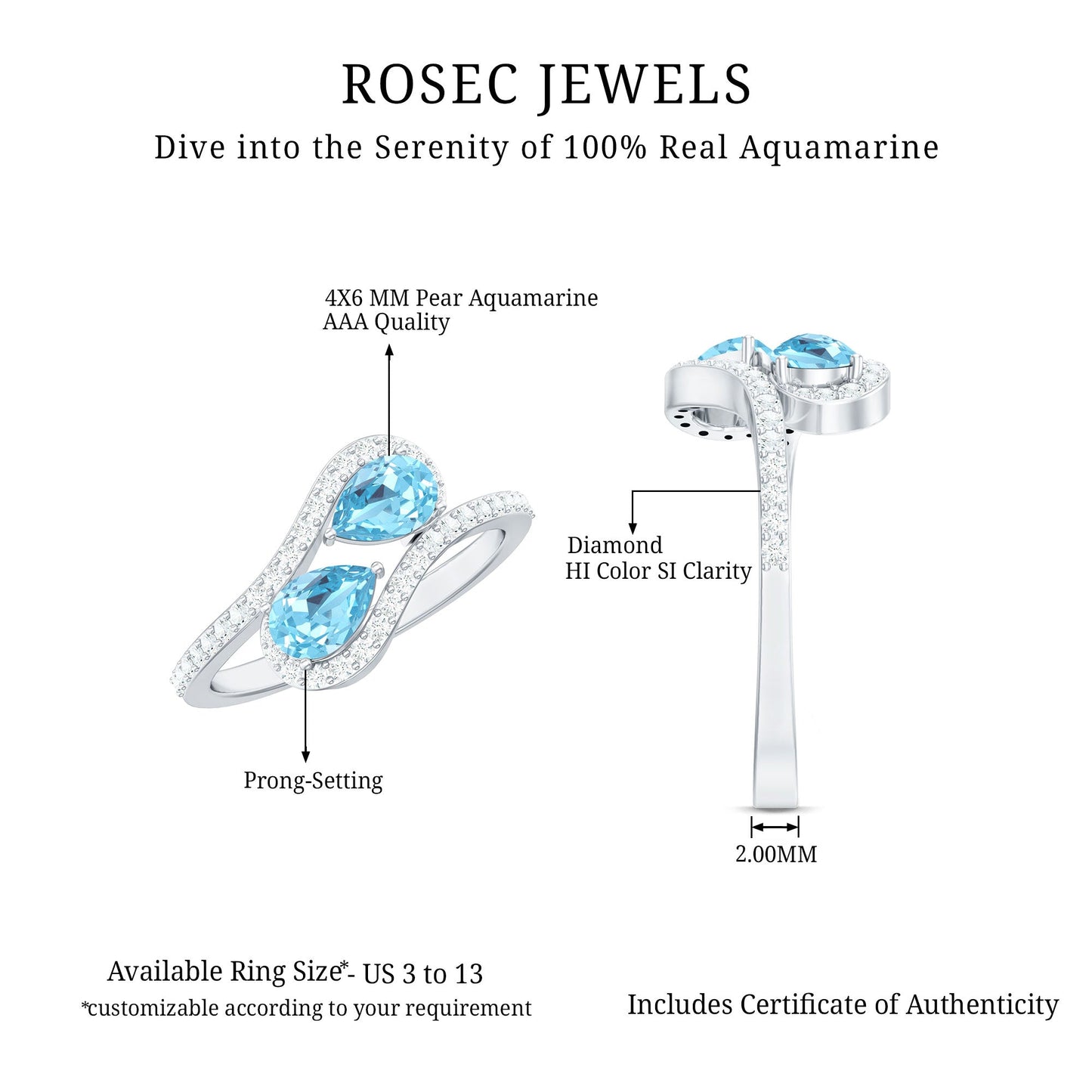 0.7 Carat Aquamarine Two Stone Engagement Ring with Diamond