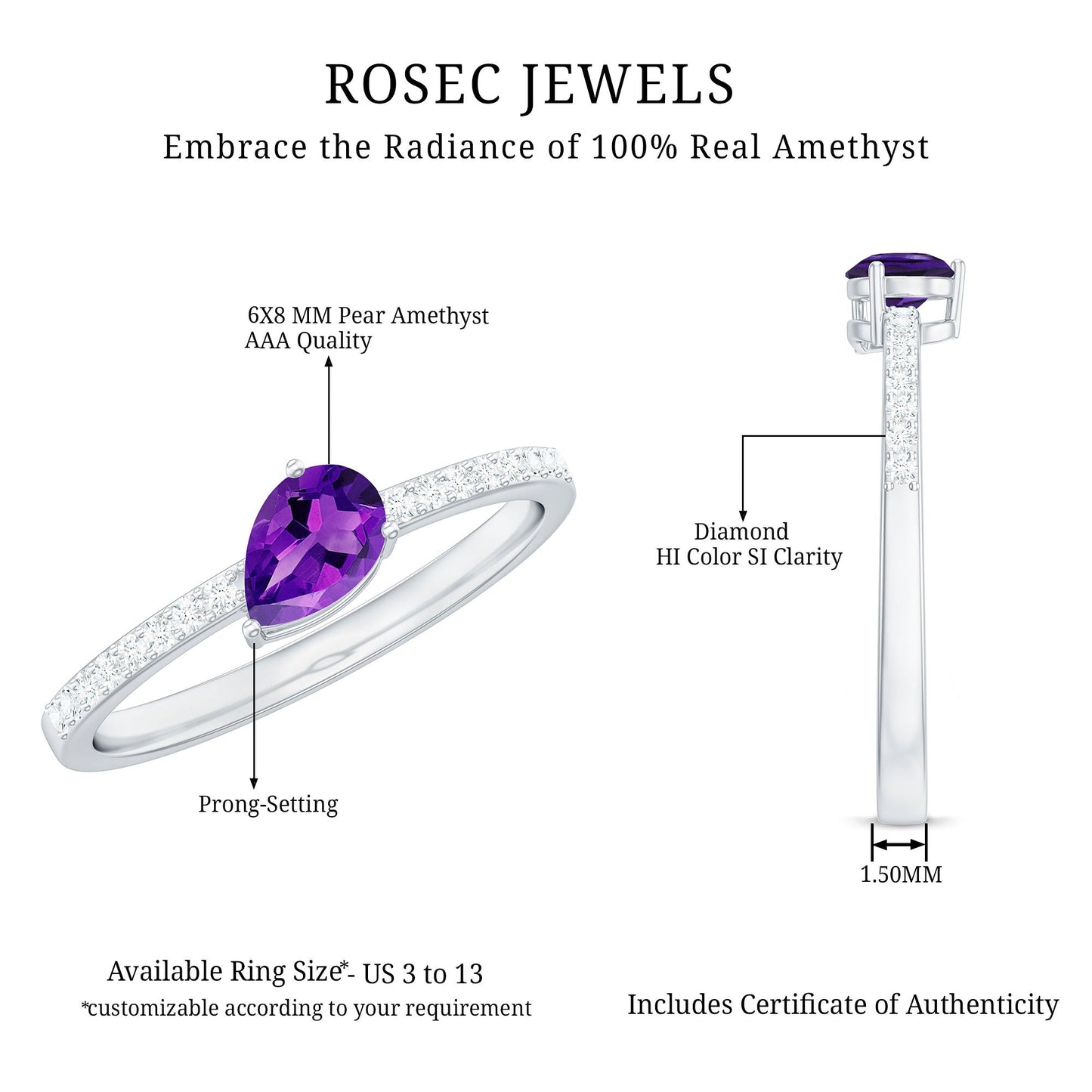Pear Cut Amethyst Solitaire Ring with Diamond Side Stones