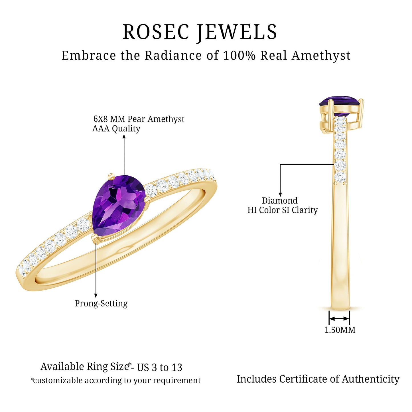 Pear Cut Amethyst Solitaire Ring with Diamond Side Stones