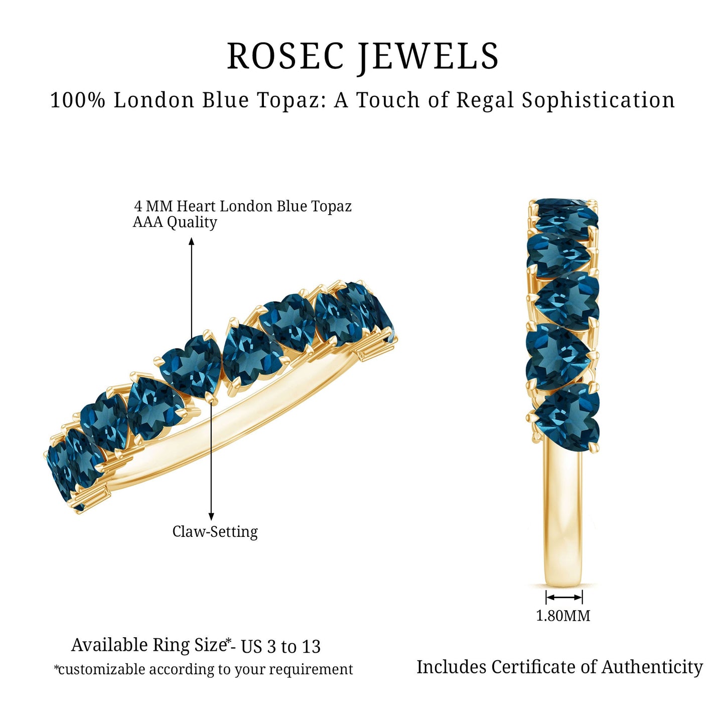 Brilliant Cut Heart London Blue Topaz Half Eternity Band