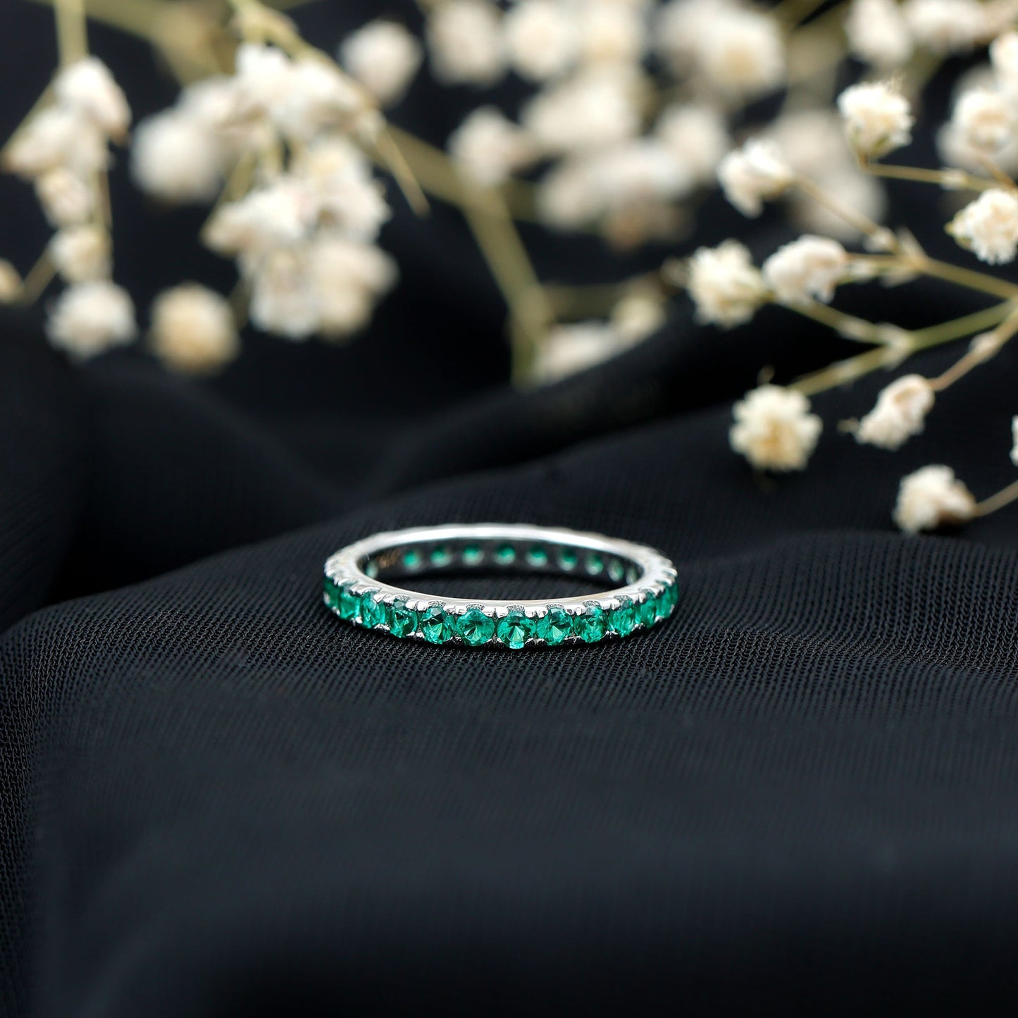 French Pave Set Lab Emerald Stackable Eternity Ring