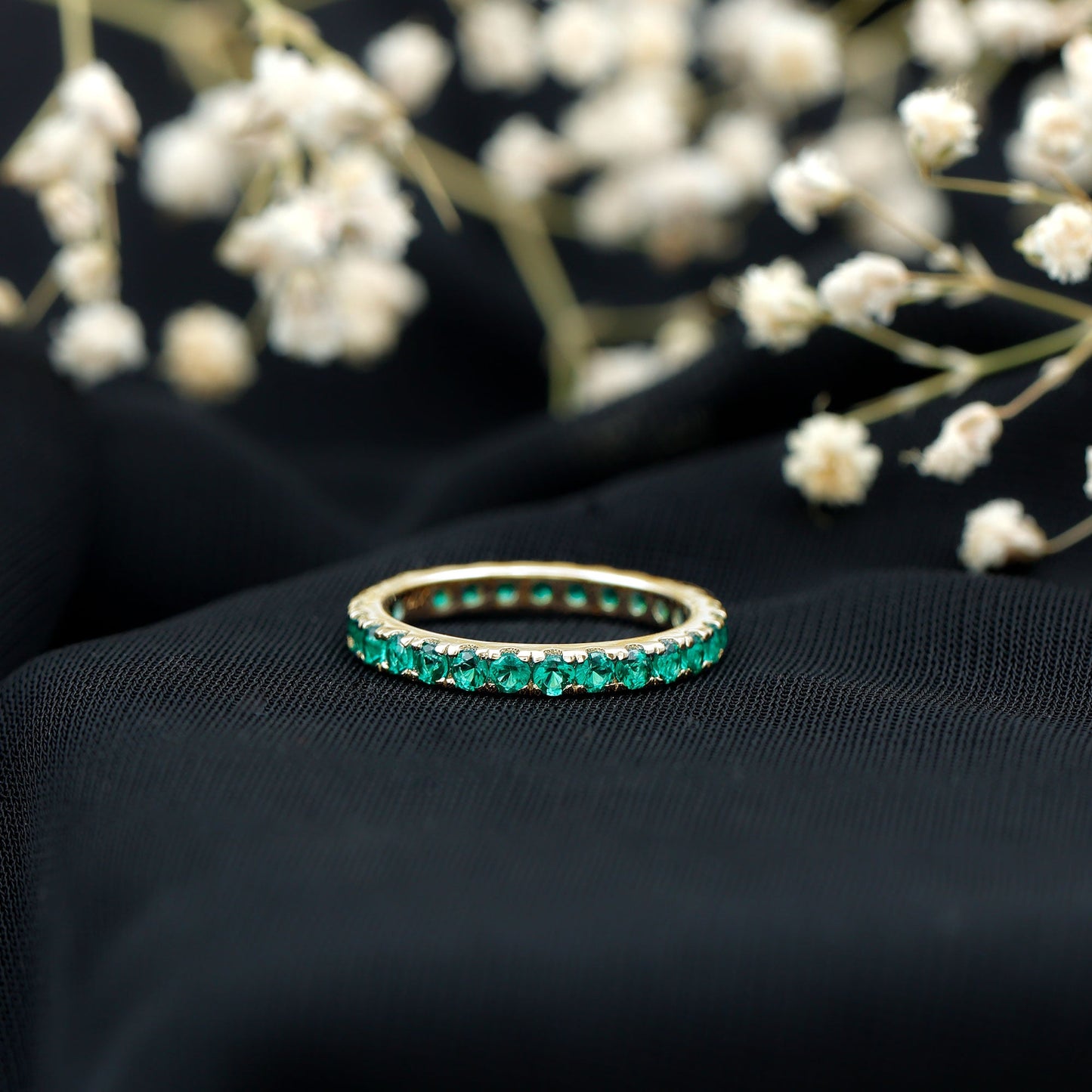 French Pave Set Lab Emerald Stackable Eternity Ring