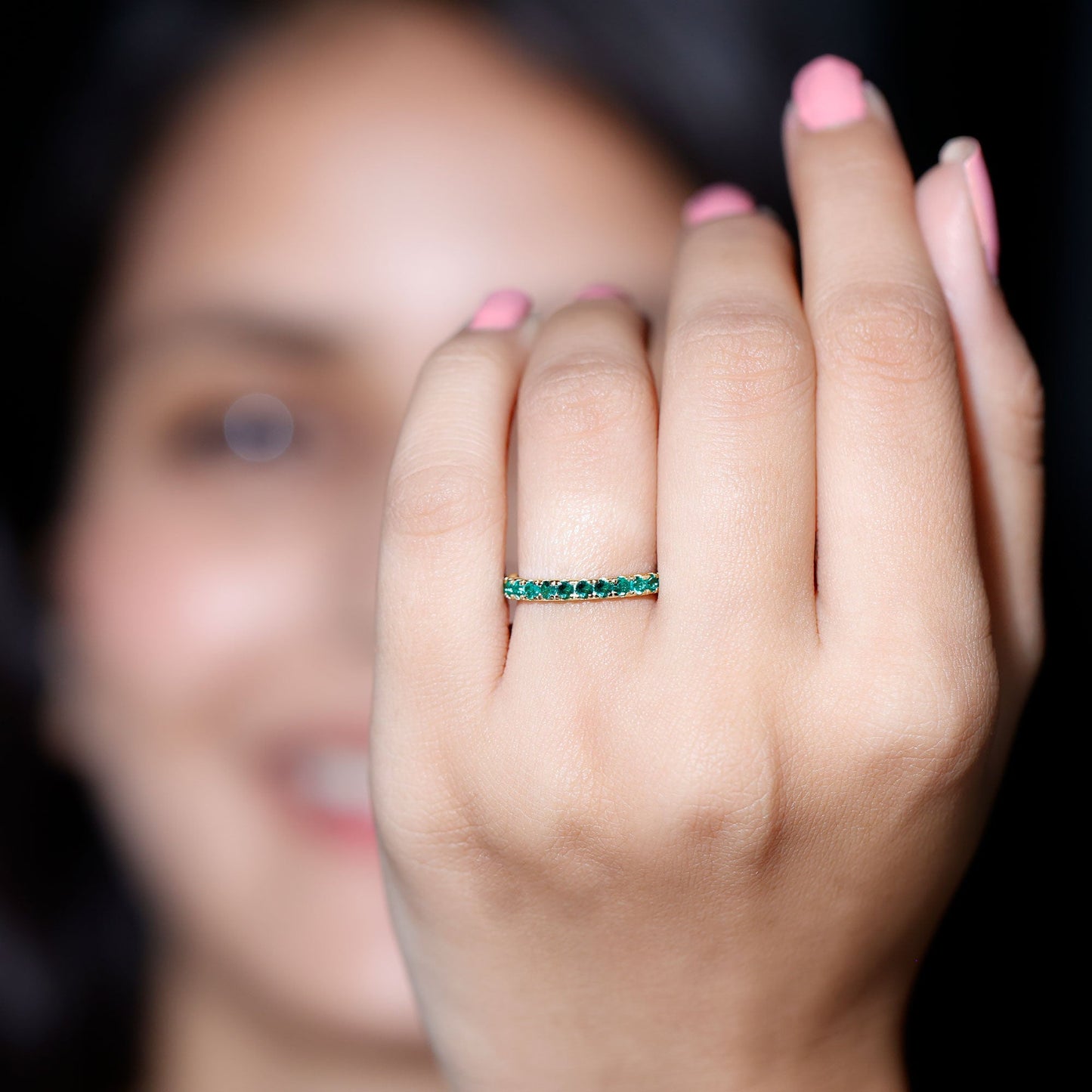French Pave Set Lab Emerald Stackable Eternity Ring