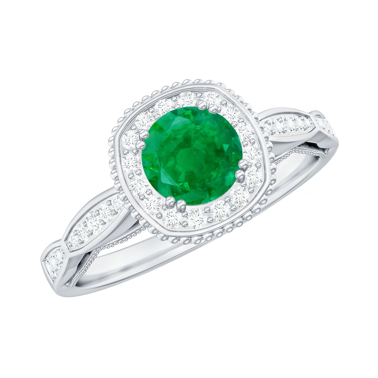Emerald Vintage Looking Engagement Ring with Diamond Halo