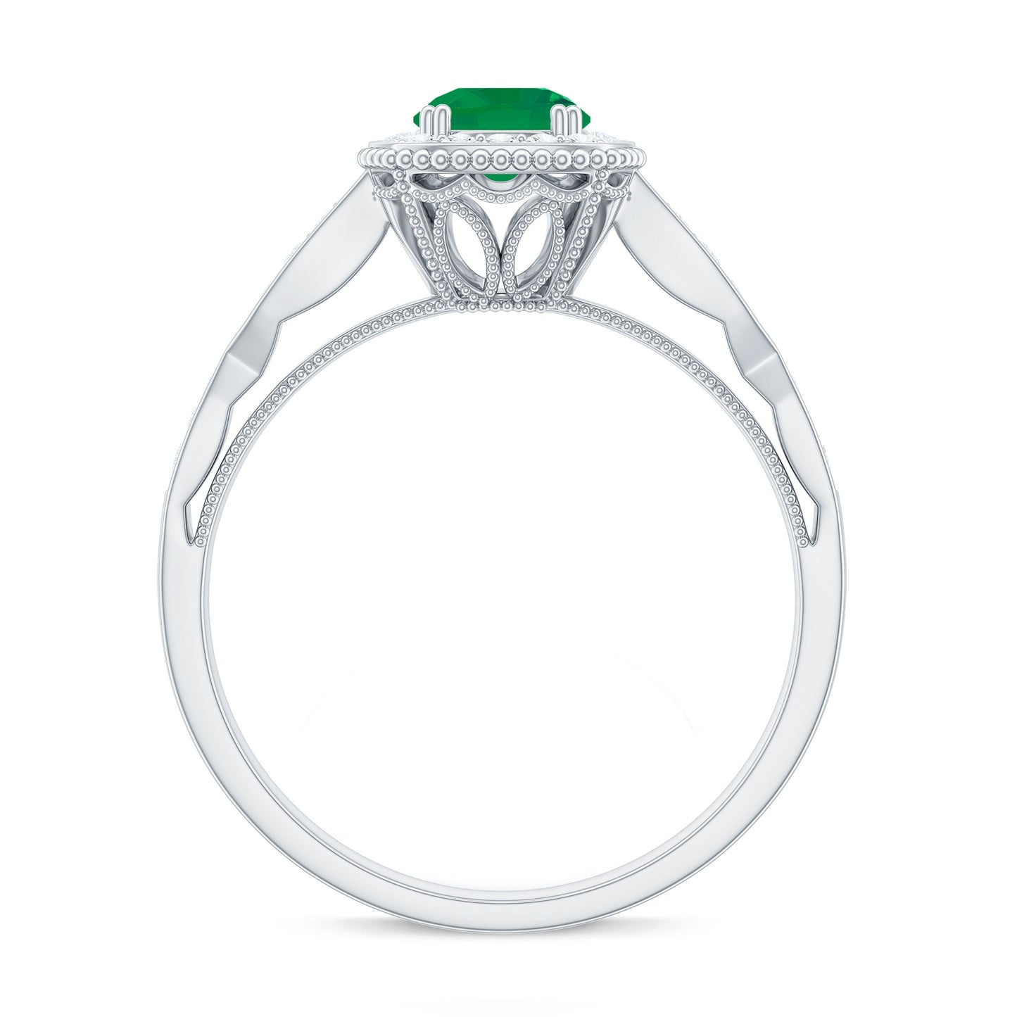 Emerald Vintage Looking Engagement Ring with Diamond Halo