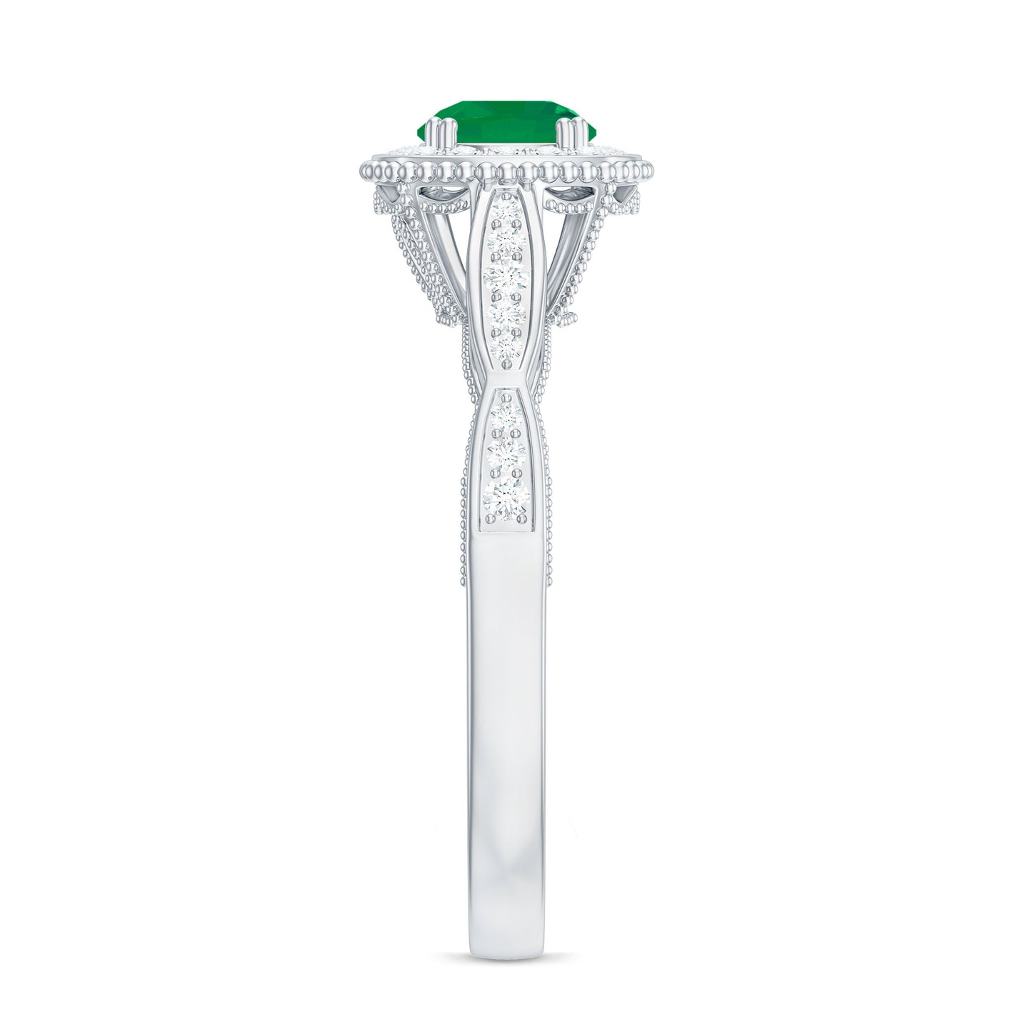 Emerald Vintage Looking Engagement Ring with Diamond Halo