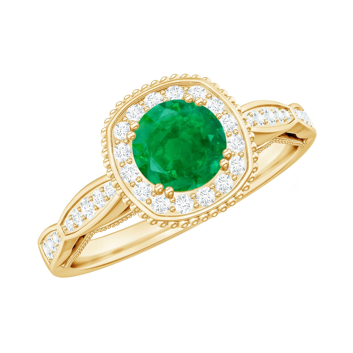 Emerald Vintage Looking Engagement Ring with Diamond Halo