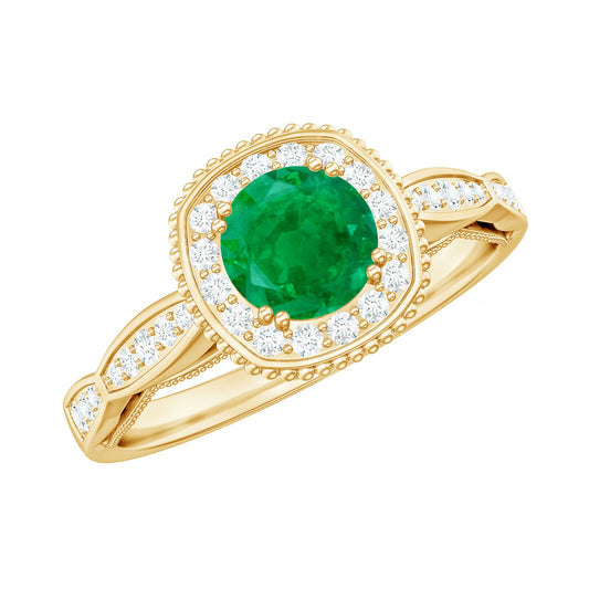 Emerald Vintage Looking Engagement Ring with Diamond Halo