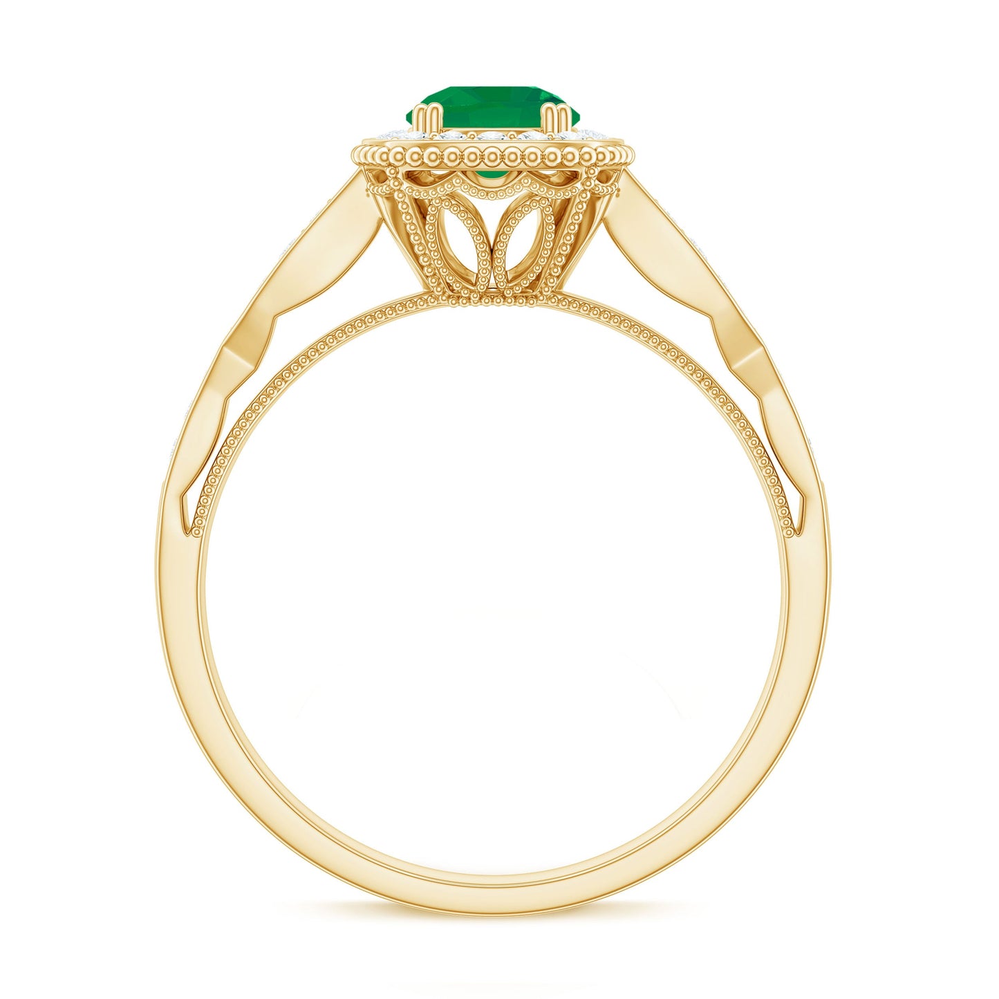 Emerald Vintage Looking Engagement Ring with Diamond Halo