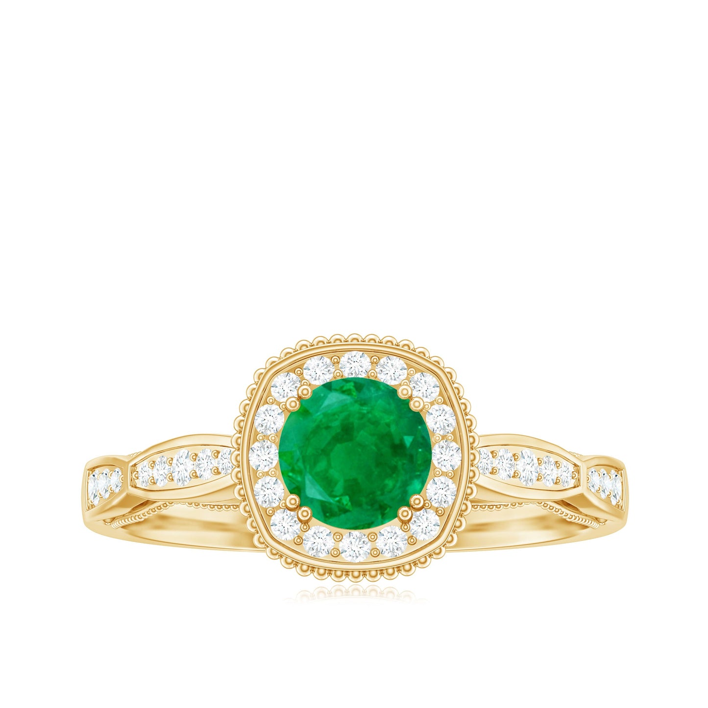 Emerald Vintage Looking Engagement Ring with Diamond Halo