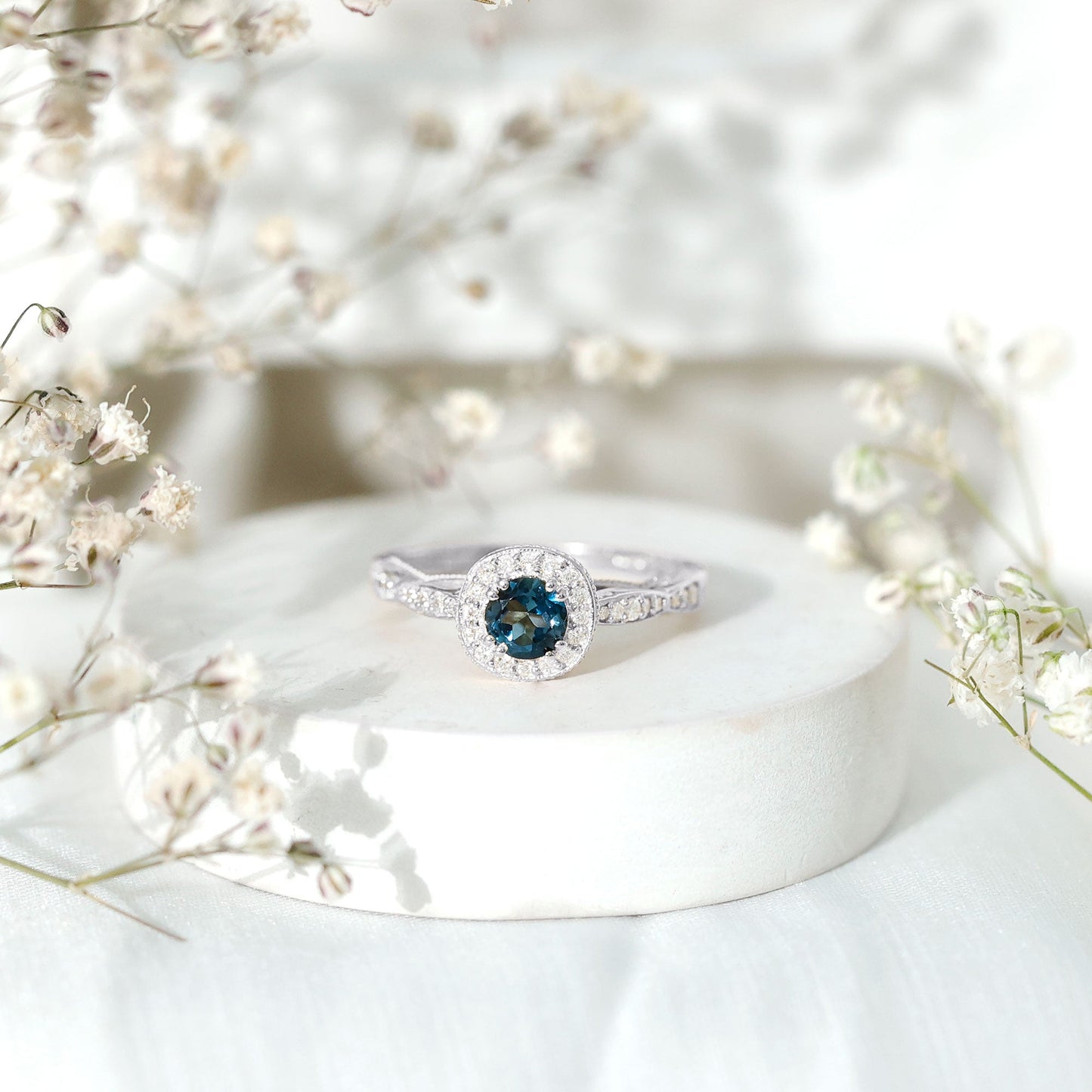 5mm London Blue topaz Vintage Inspired Ring with Diamond Halo