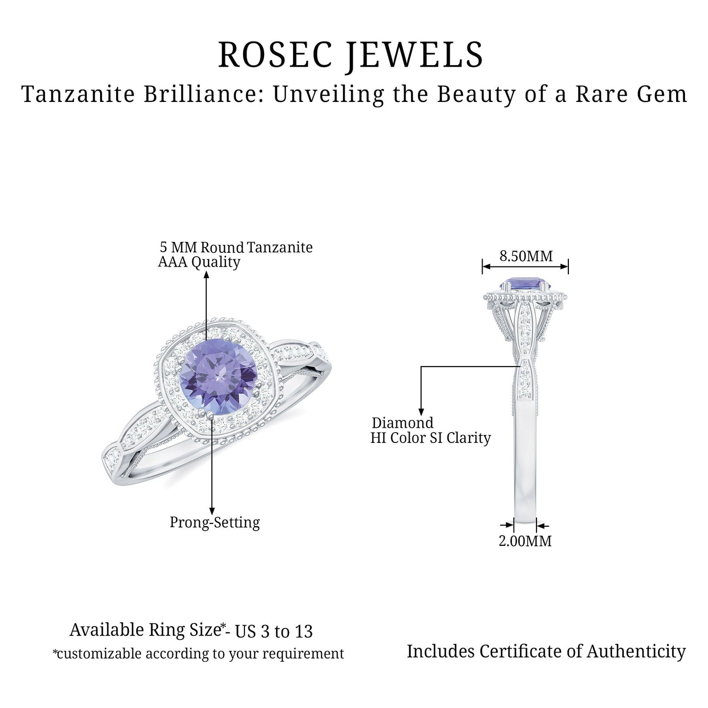 Vintage Style Tanzanite Engagement Ring with Diamond Halo for Women
