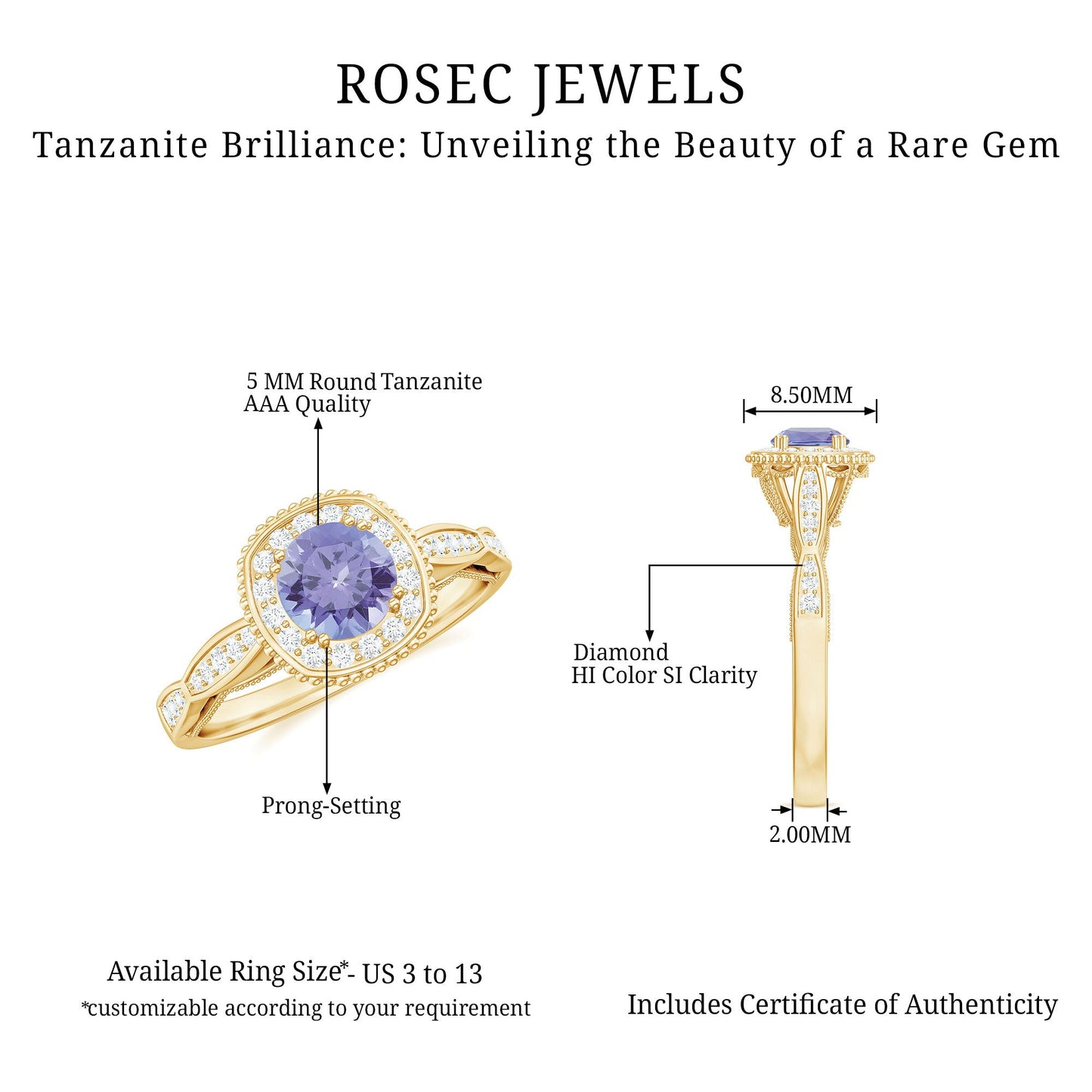 Vintage Style Tanzanite Engagement Ring with Diamond Halo for Women