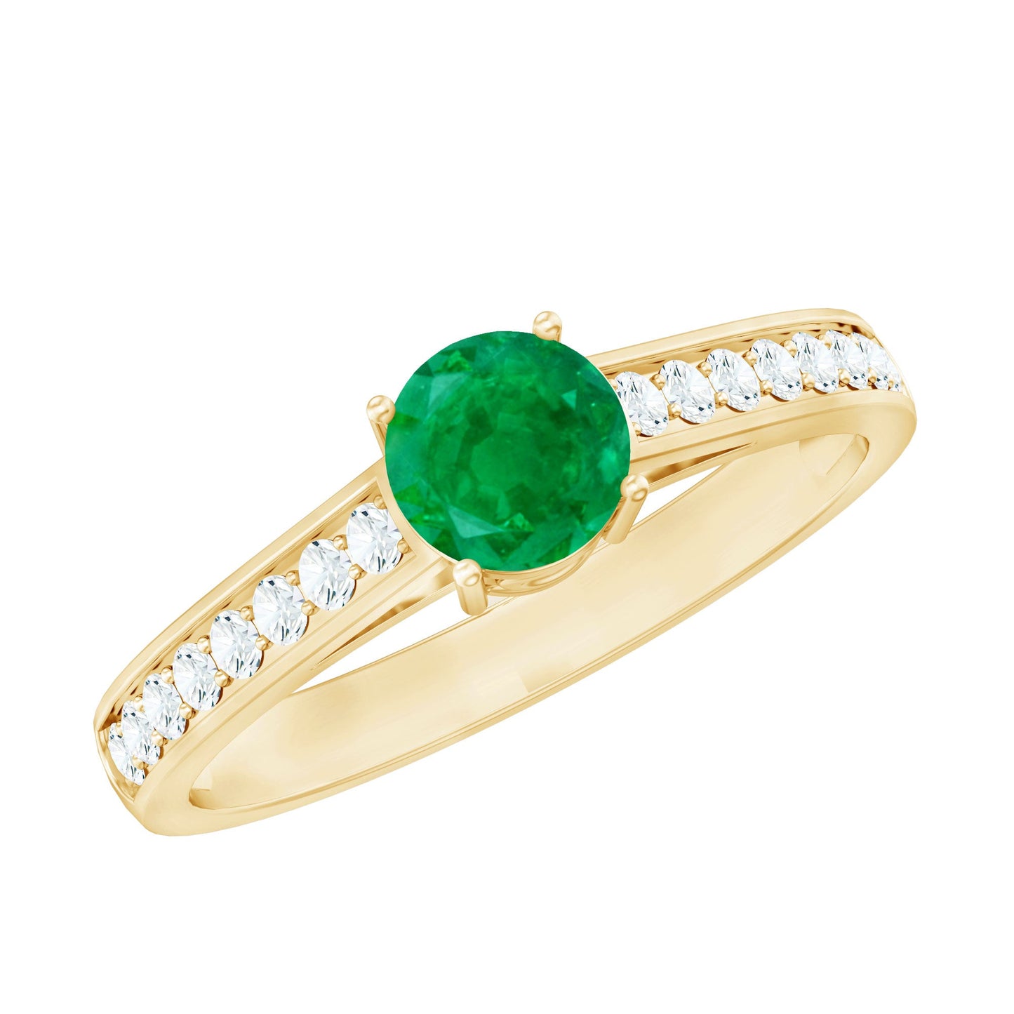 Genuine 5mm Emerald Solitaire Engagement Ring with Diamond Side Stones