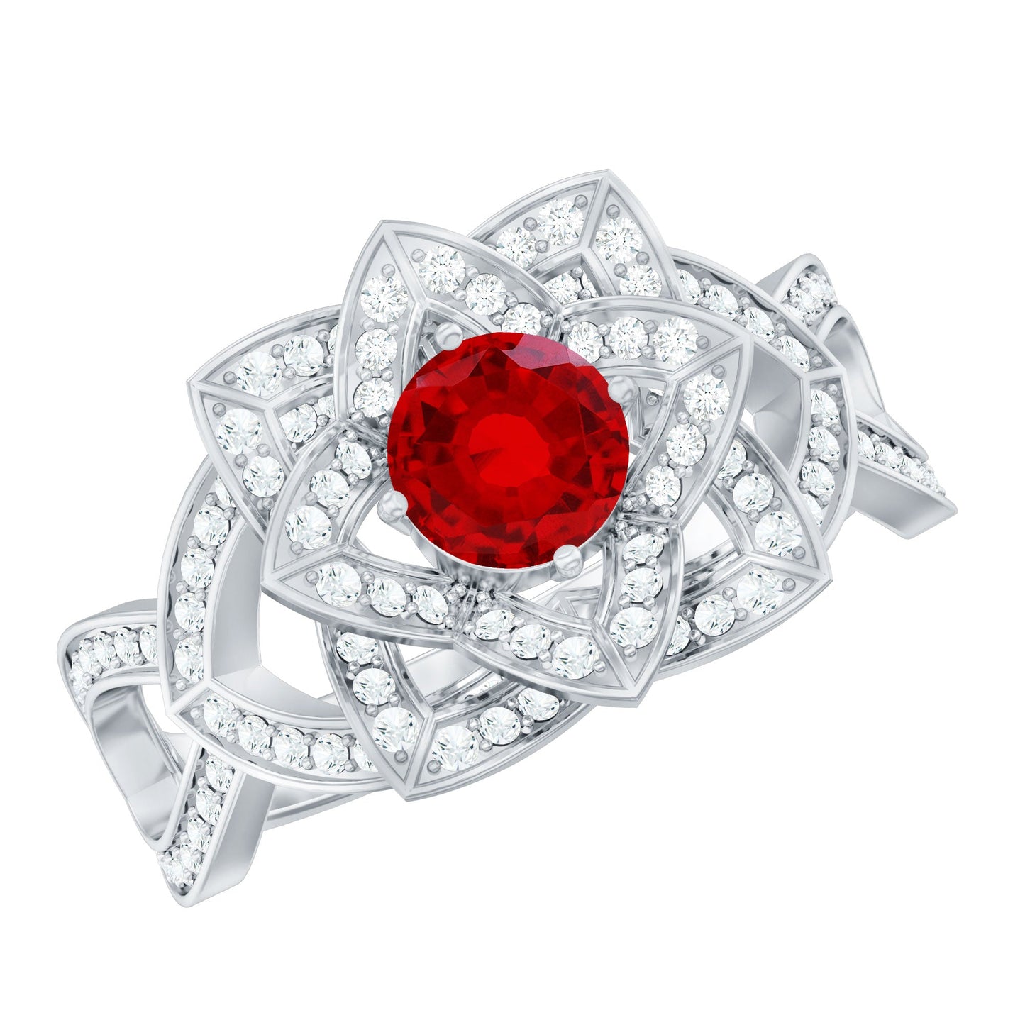 1.25 CT Created Ruby and Moissanite Flower Engagement Ring
