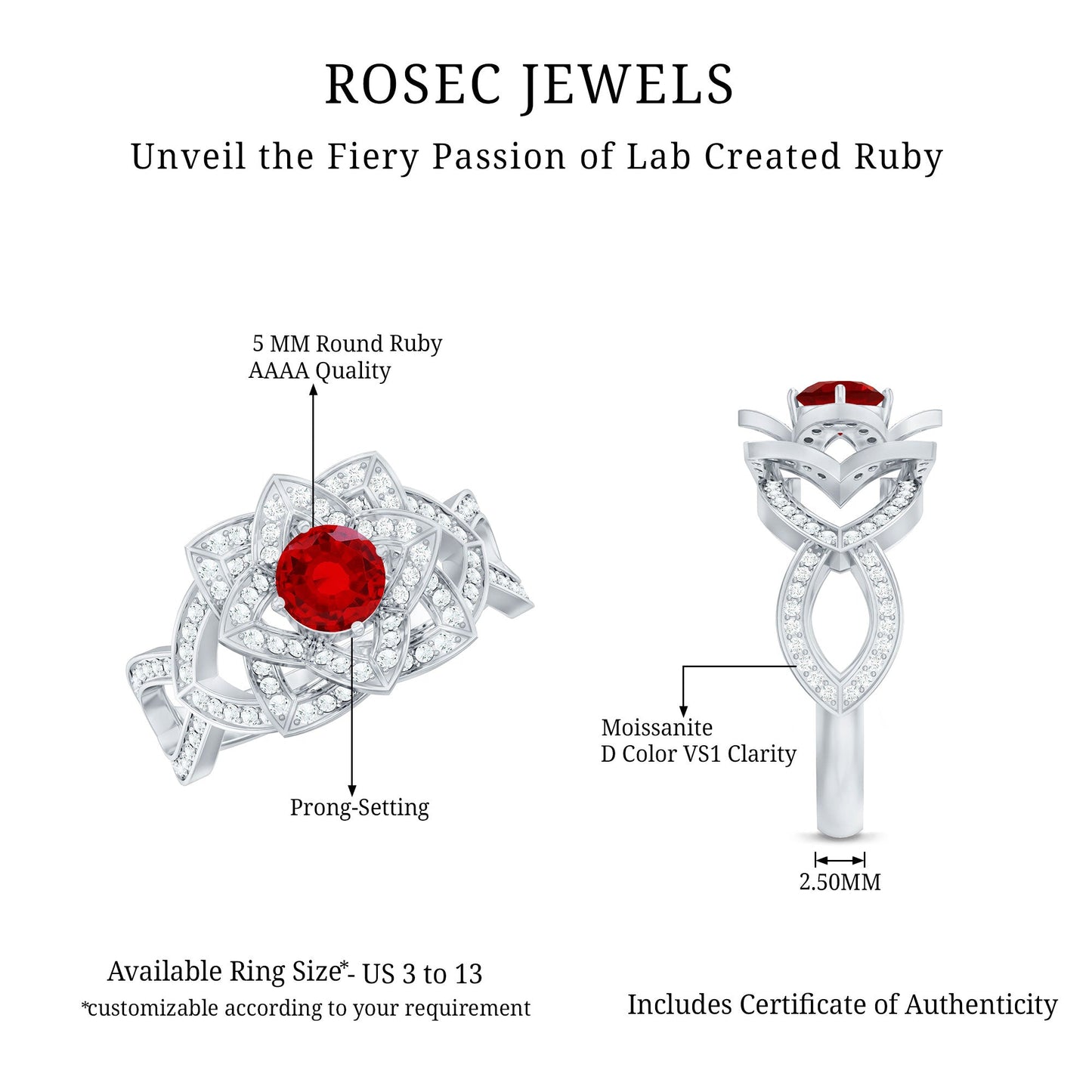 1.25 CT Created Ruby and Moissanite Flower Engagement Ring