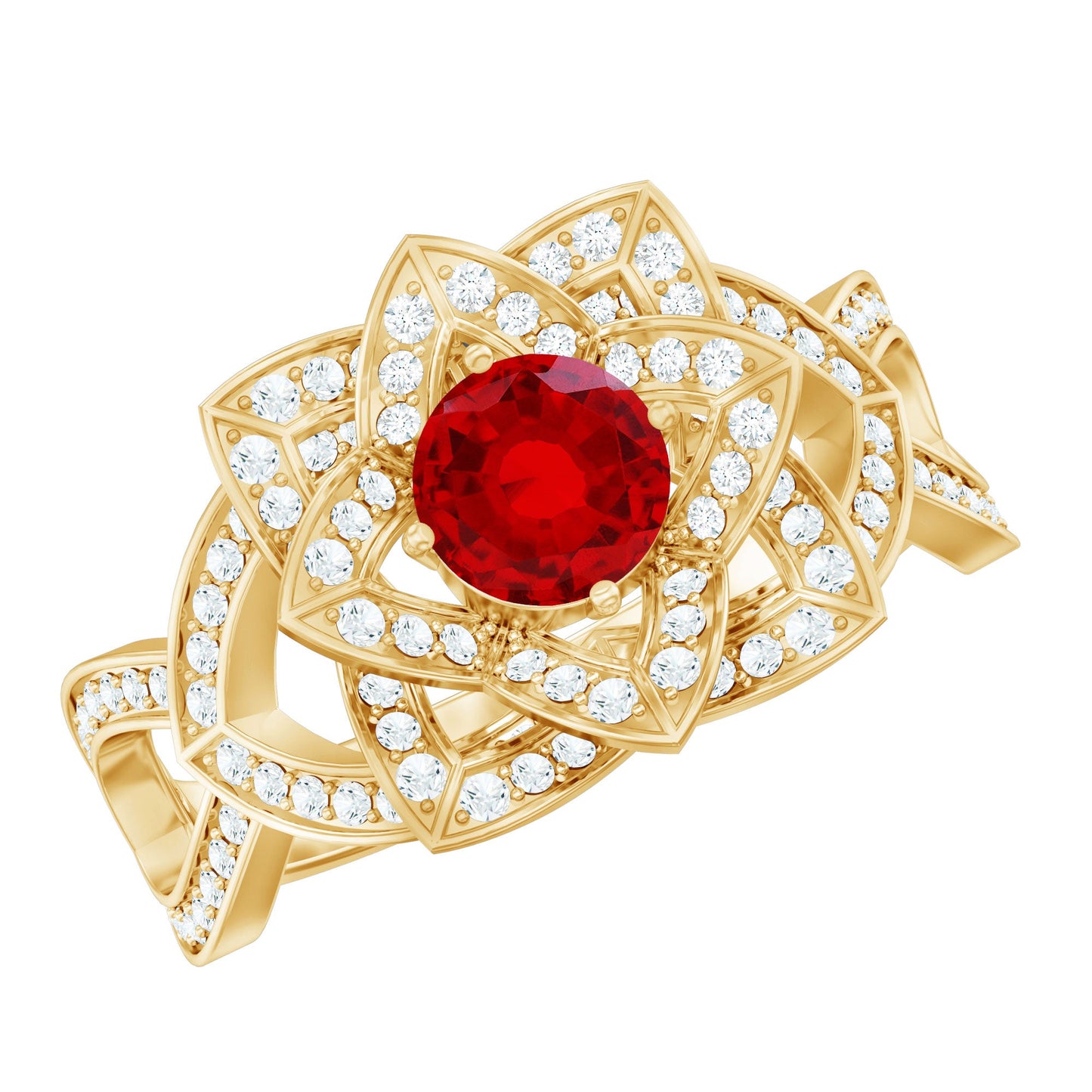 1.25 CT Created Ruby and Moissanite Flower Engagement Ring