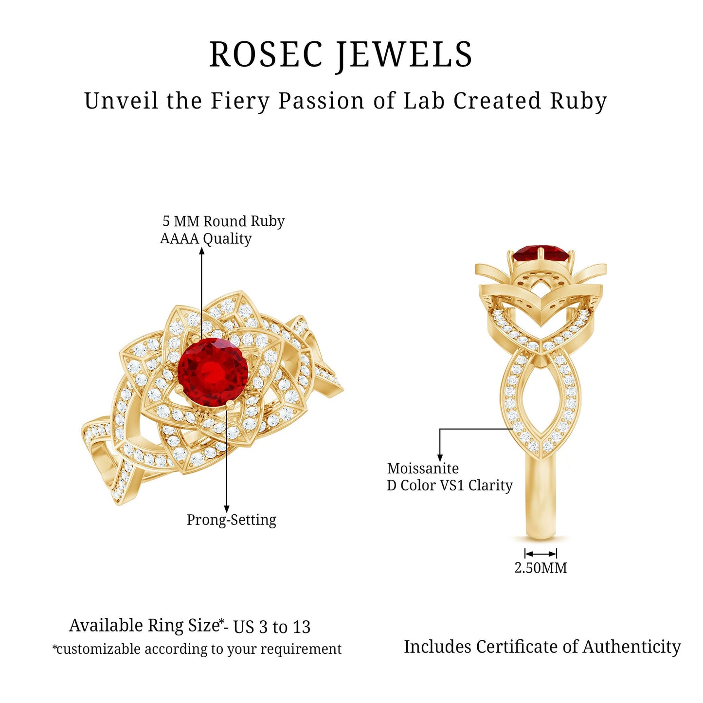 1.25 CT Created Ruby and Moissanite Flower Engagement Ring