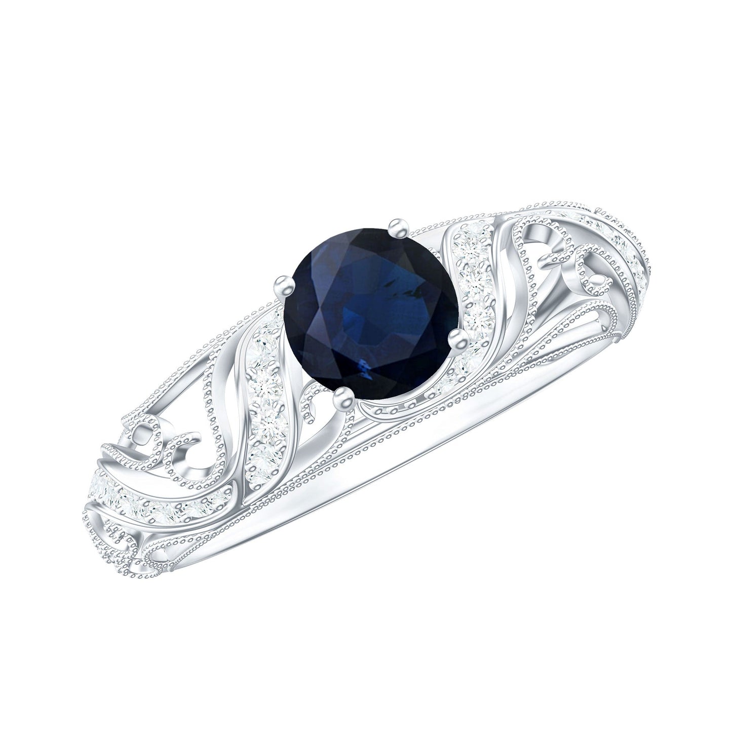 1.25 CT Vintage Style Blue Sapphire Engagement Ring with Diamond