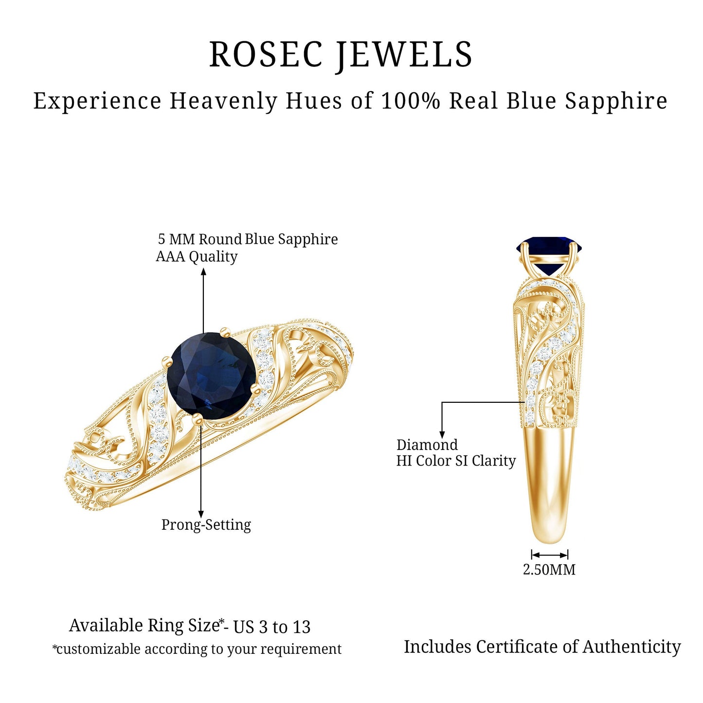 1.25 CT Vintage Style Blue Sapphire Engagement Ring with Diamond