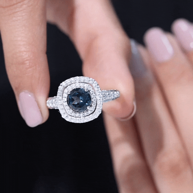 8mm Round London Blue Topaz Double Halo Engagement Ring with Moissanite