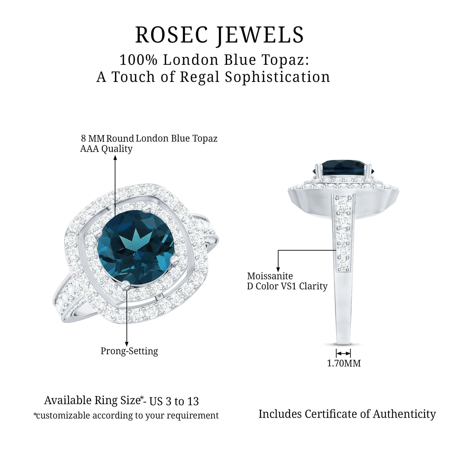 8mm Round London Blue Topaz Double Halo Engagement Ring with Moissanite