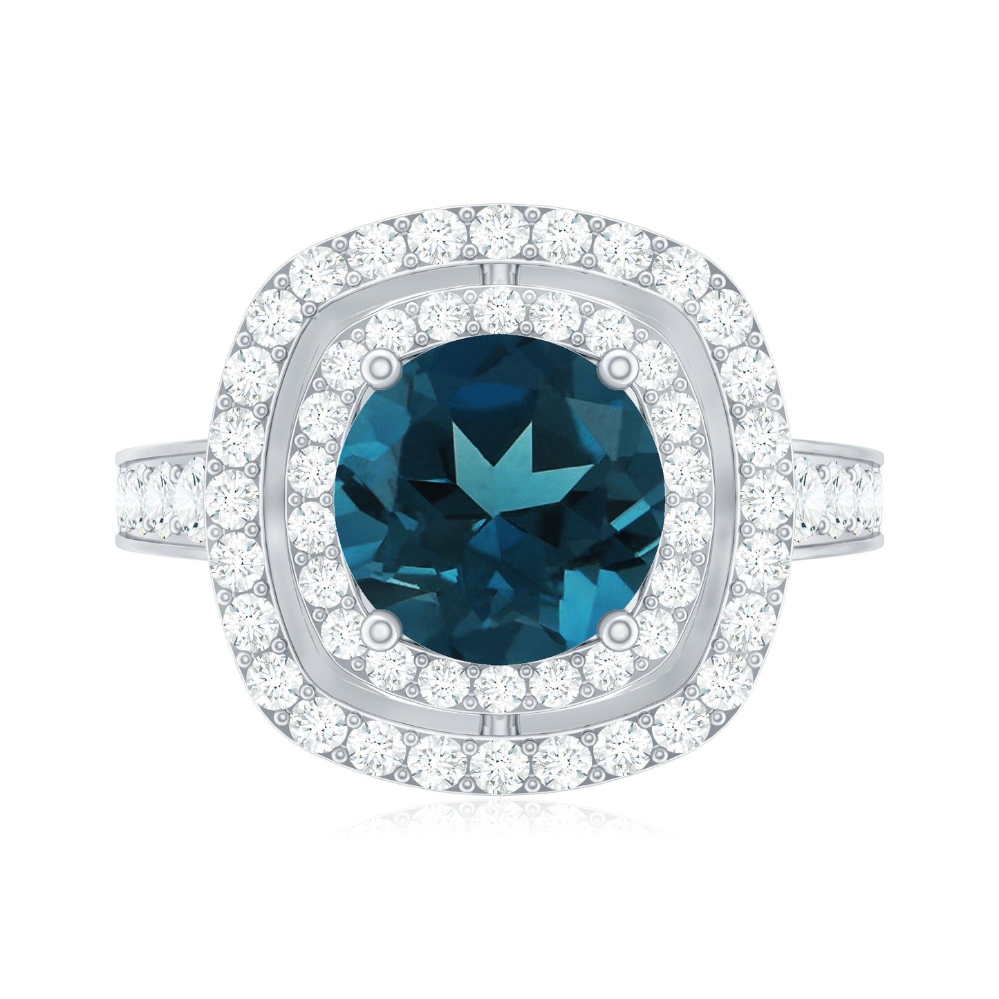 8mm Round London Blue Topaz Double Halo Engagement Ring with Moissanite