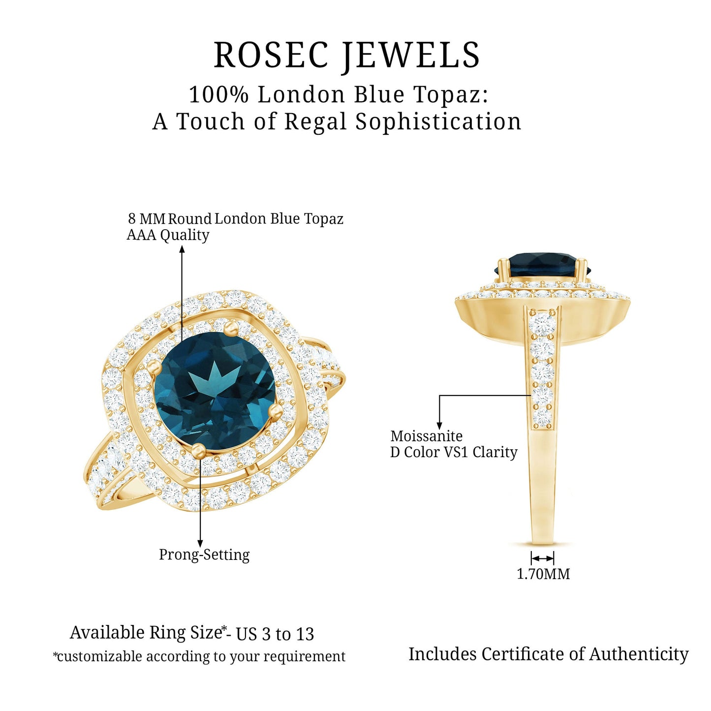 8mm Round London Blue Topaz Double Halo Engagement Ring with Moissanite