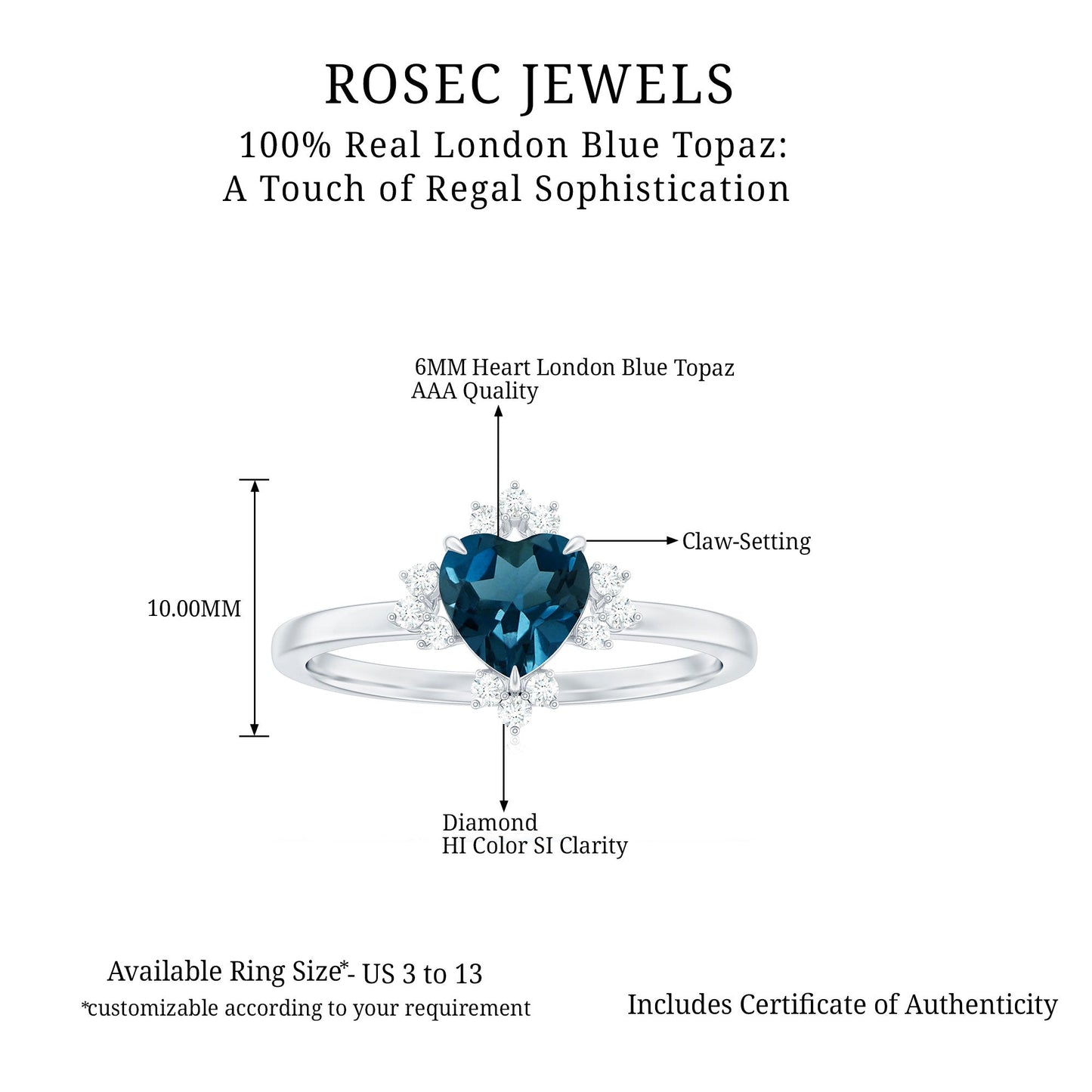 8mm Heart London Blue Topaz Engagement Ring with Diamond
