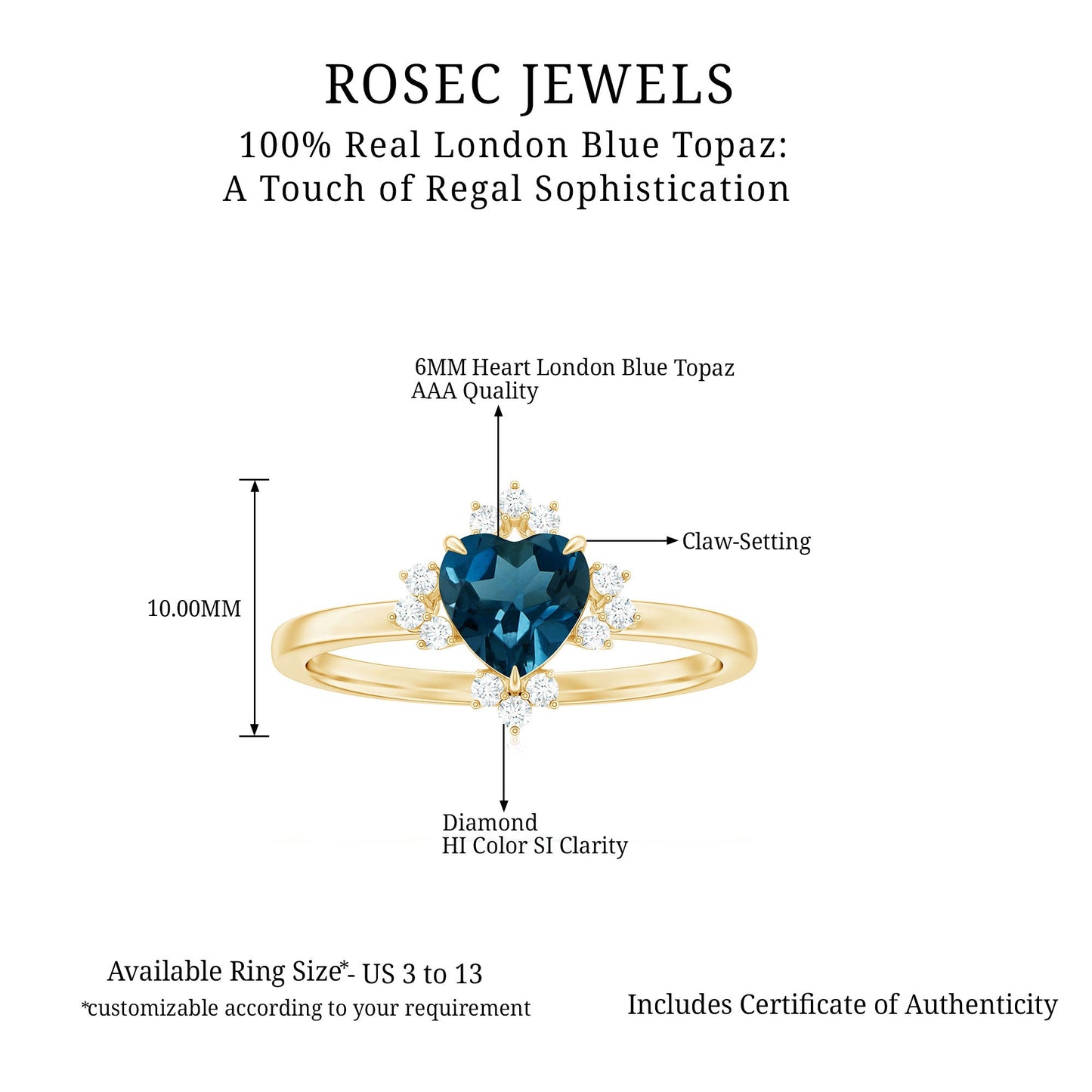 8mm Heart London Blue Topaz Engagement Ring with Diamond
