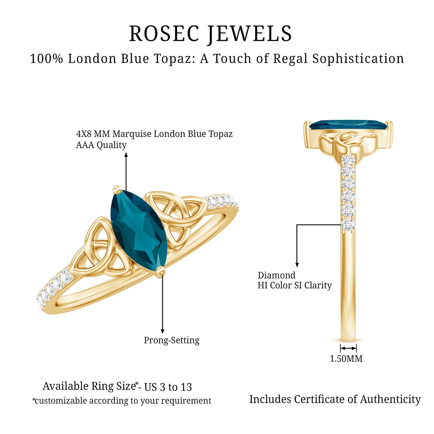 4x8mm Marquise Cut London Blue Topaz Celtic Engagement Ring with Diamond