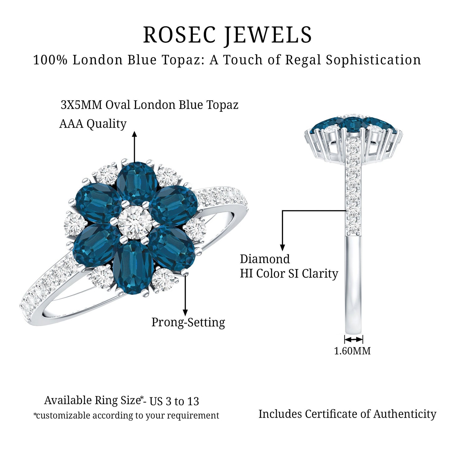 Natural London Blue Topaz Flower Engagement Ring with Diamond