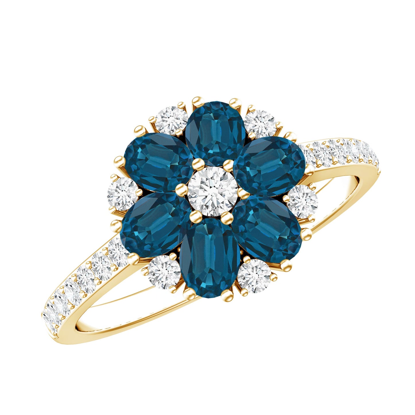 Natural London Blue Topaz Flower Engagement Ring with Diamond