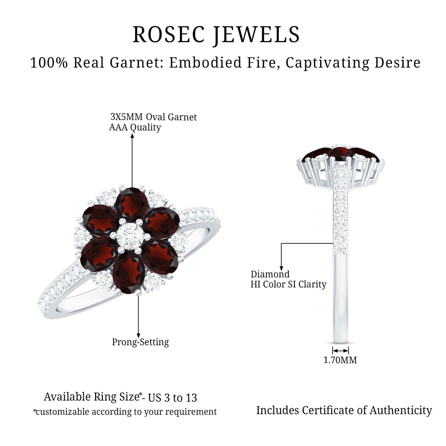 Natural Garnet Flower Engagement Ring with Diamond