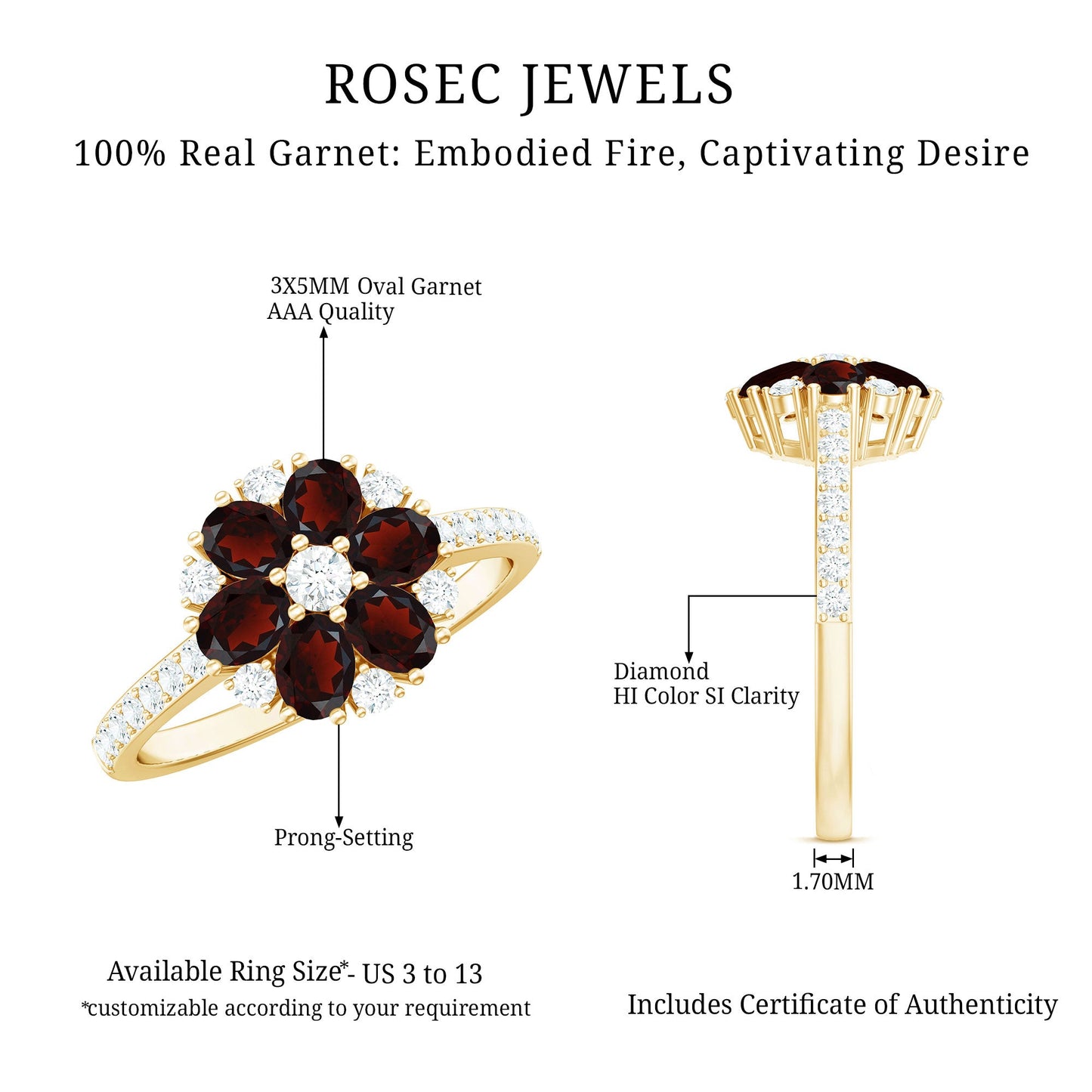 Natural Garnet Flower Engagement Ring with Diamond