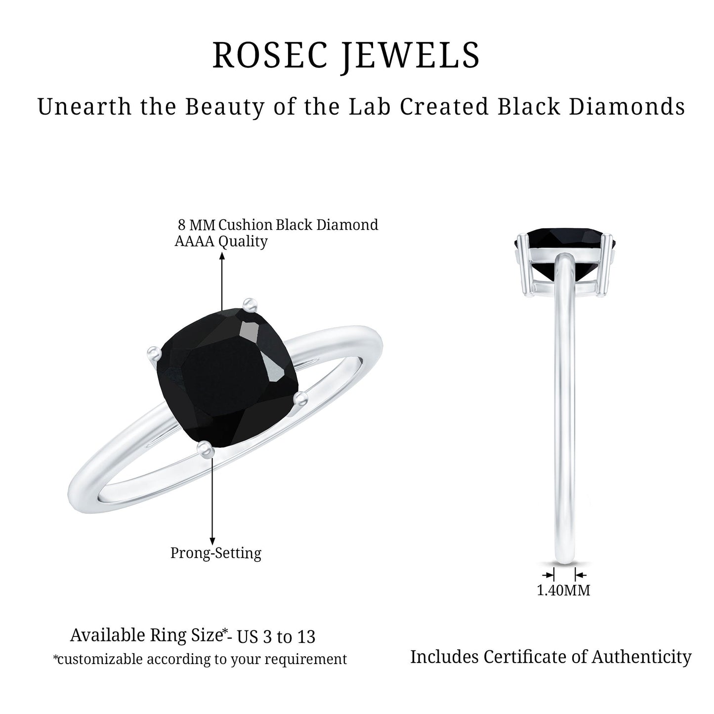 Certified 2.8 Carat Lab Grown Black Diamond Cushion Cut Engagement Ring