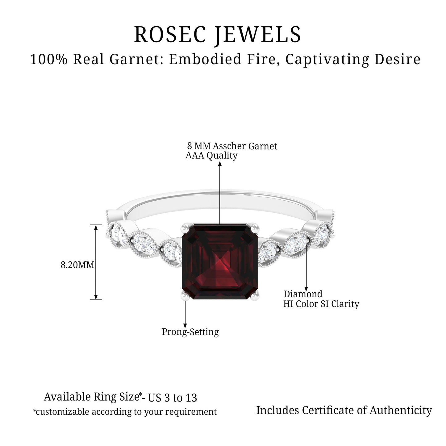 Natural 8mm Garnet Asscher Cut Engagement Ring with Diamond