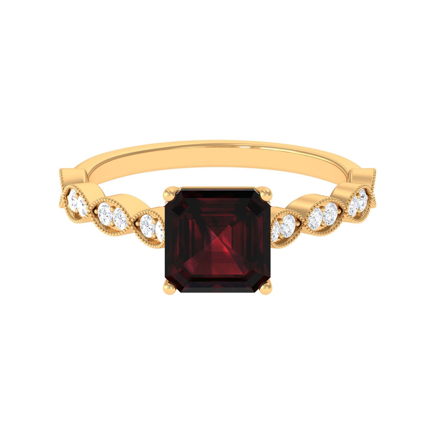 Natural 8mm Garnet Asscher Cut Engagement Ring with Diamond