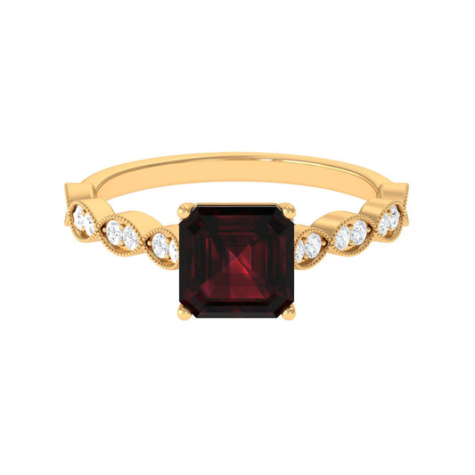 Natural 8mm Garnet Asscher Cut Engagement Ring with Diamond