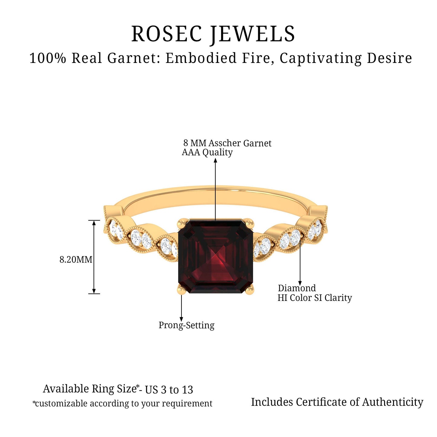 Natural 8mm Garnet Asscher Cut Engagement Ring with Diamond