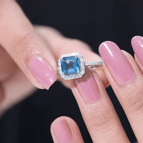 8mm Asscher Cut London Blue Topaz Vintage Engagement Ring with Diamond Halo