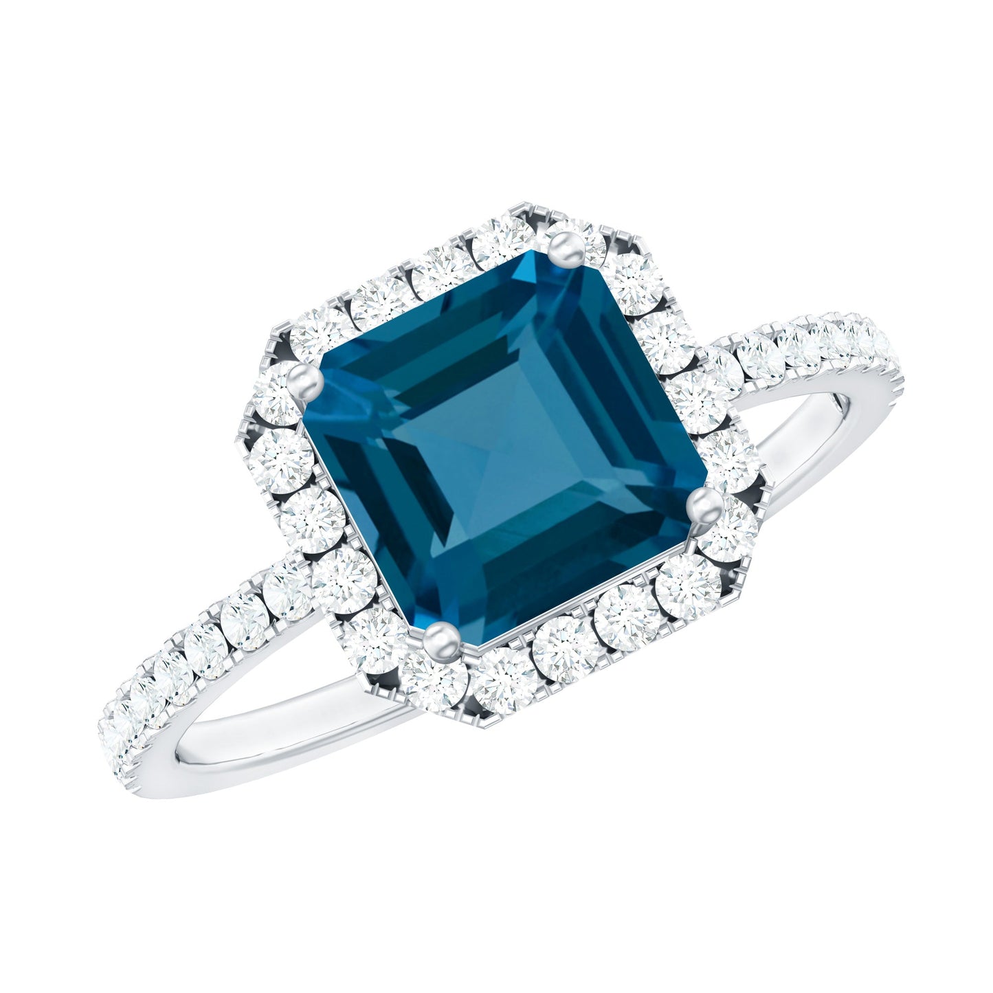 8mm Asscher Cut London Blue Topaz Vintage Engagement Ring with Diamond Halo