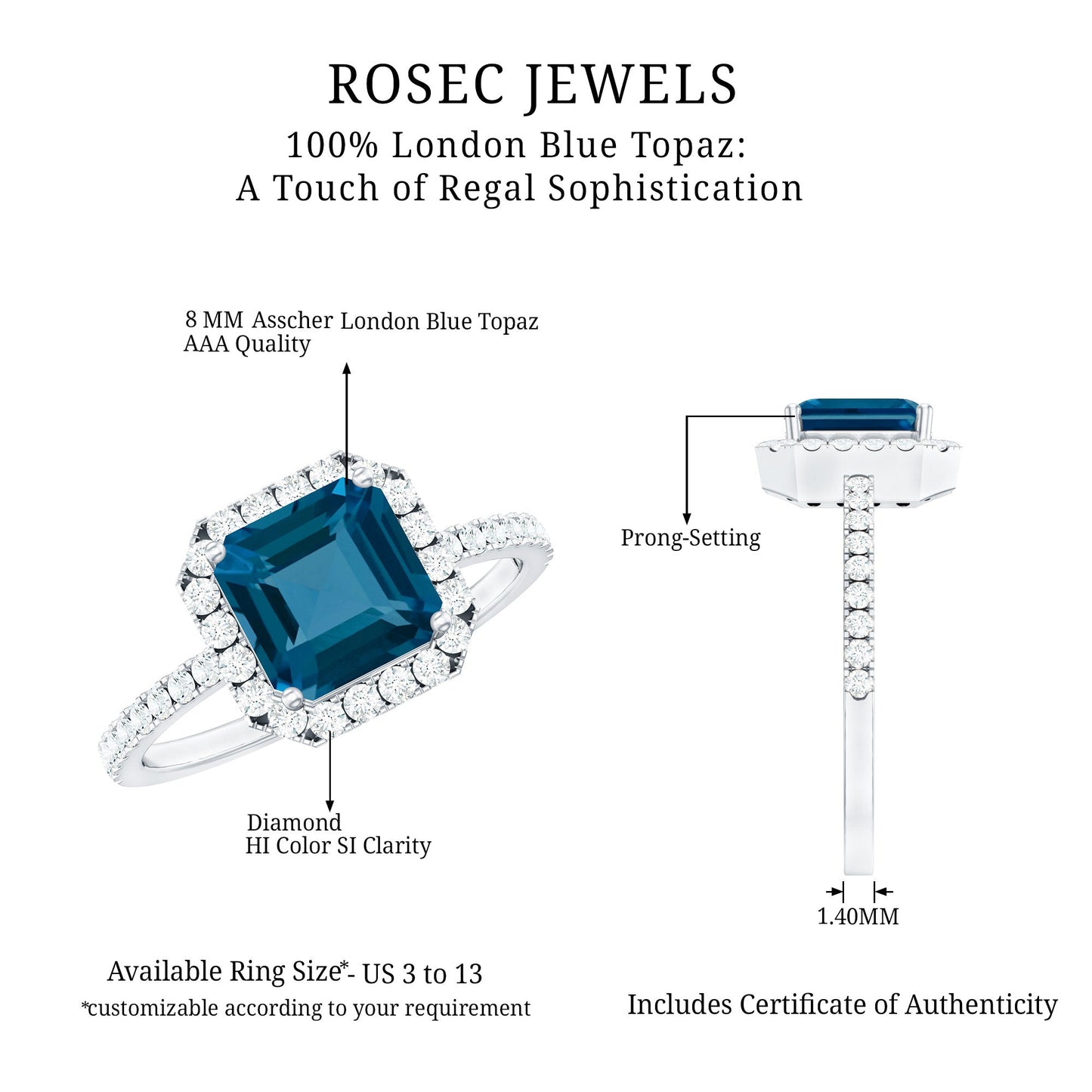 8mm Asscher Cut London Blue Topaz Vintage Engagement Ring with Diamond Halo