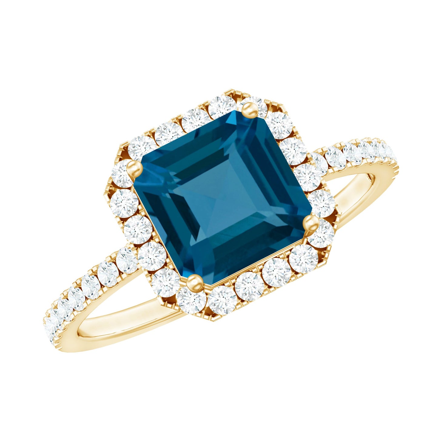 8mm Asscher Cut London Blue Topaz Vintage Engagement Ring with Diamond Halo